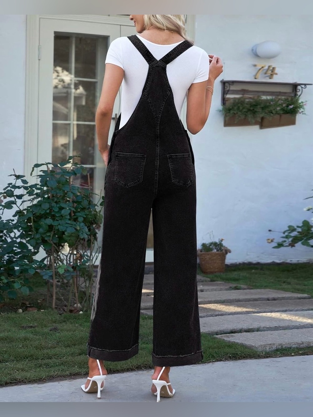 Vetinee Women’s Black Denim Loose Fit Wide Leg Overalls - Picture 2 of 11